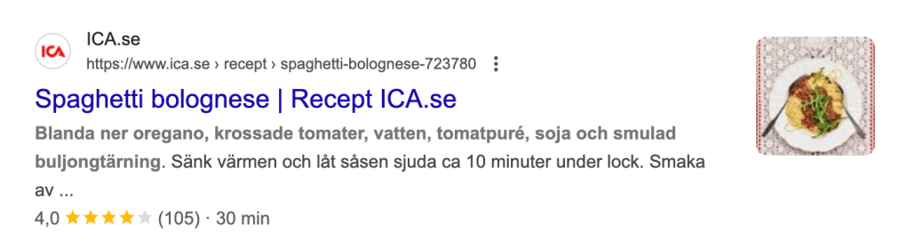 Bild på recept i sökresultat - strukturerad data